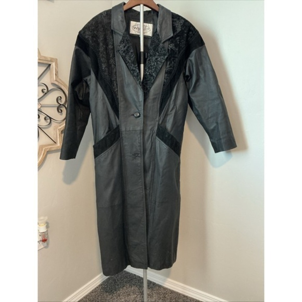 Vintage 80s Winlit Long Black‎ Leather Jacket Trench Women's Size S